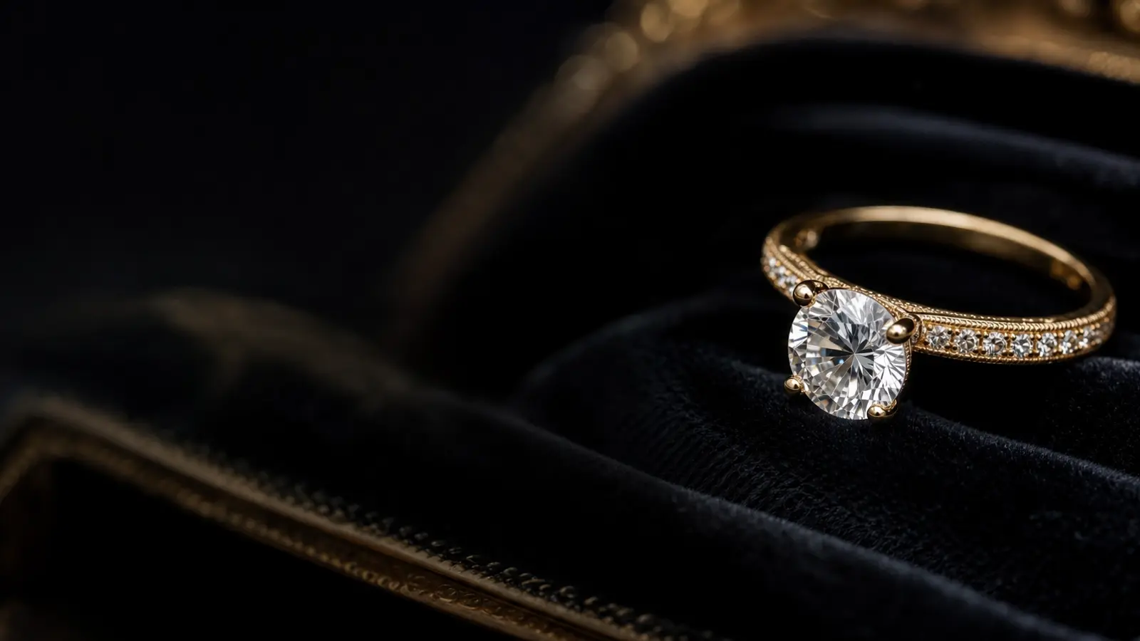A diamond ring resting on dark velvet